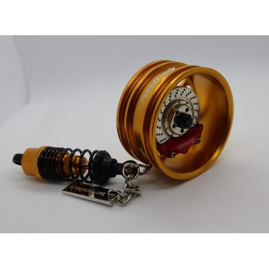 Gold Metal Wheel Hub Key Chain with Shock Absorber Shape Keyrings Leather Chain